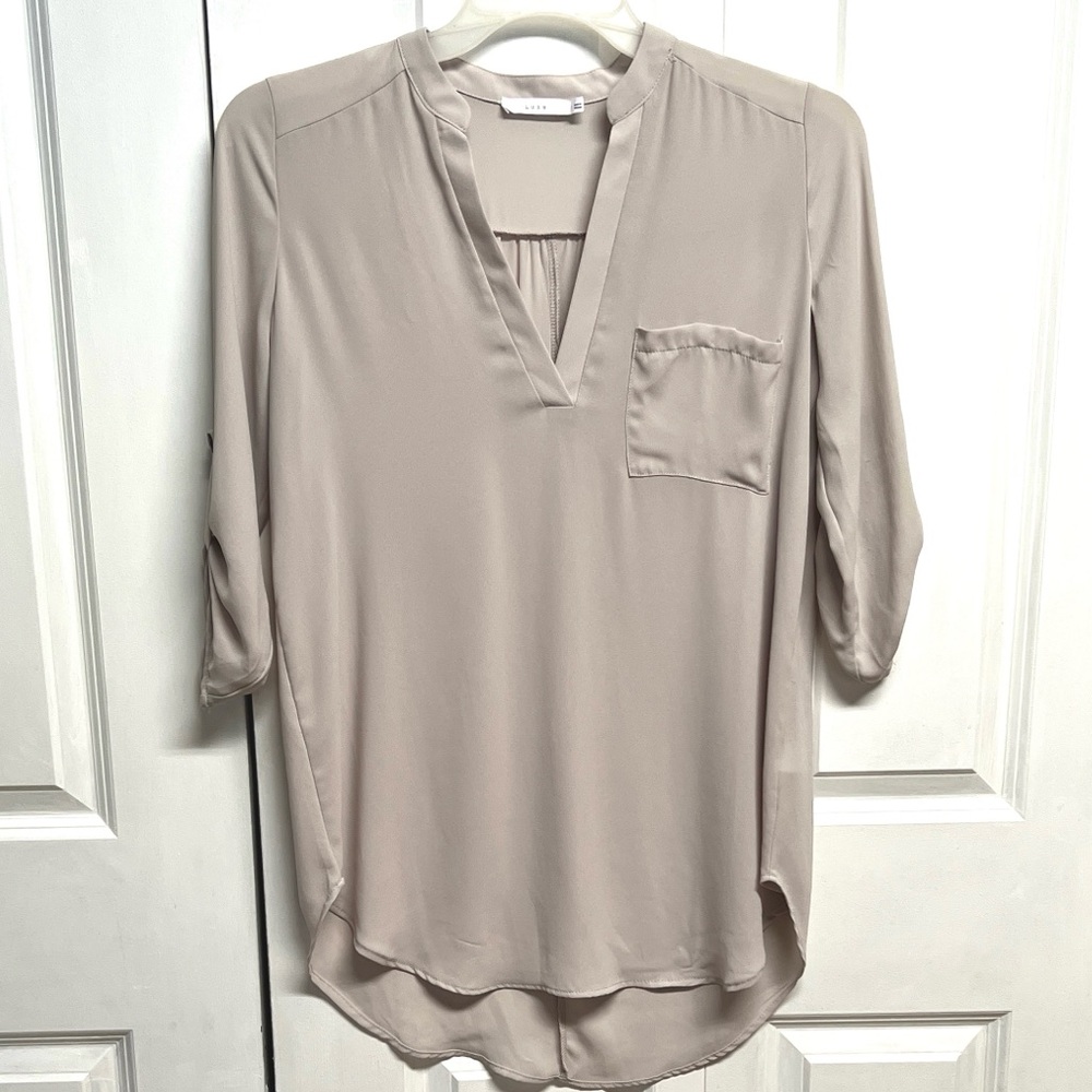Lush Taupe V-Neck Roll-Sleeve Tunic Top Size S